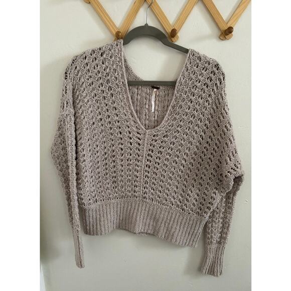 Free People Sweater Women's XS Tan Best Of You V Neck Open Knit Oversized - Picture 2 of 7